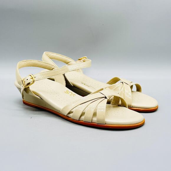 SAS Sandals Womens 7 Off White Patent Leather Comfort Wedge Ankle Strappy Shoes - Picture 2 of 14